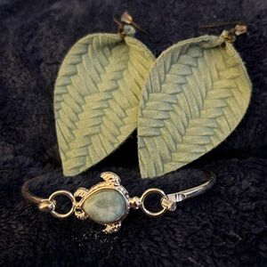 Aquamarine Stone Turtle Sterling Silver Bangle Bracelet Leaf Earrings Bundle Lot